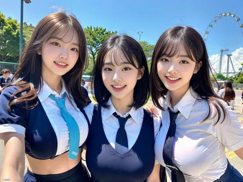 (a super cute korean schoolgirl takes a commemorative photo with her two beautiful best friends:1.2)(laughing:1.2)(beautiful swe...