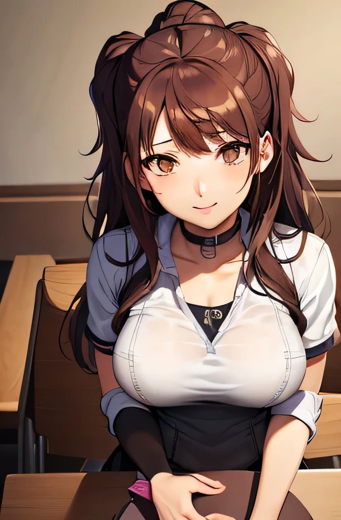 ultra-ditailed,A schoolgirl with brown hair and brown eyes is wearing a schoolgirl uniform.、She has E cup breasts and thighs.、Sitting on a chair with legs spread,Full body image,Perfect body,Anatomically correct body,Beautiful fingertips,Perfect Face,Moist eyes,A shy smile,classroom