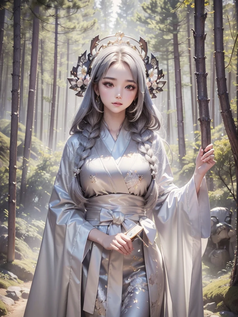 1 girl, cute face, art style, Beautiful girl in a transparent gray robe standing in a dark forest, Magnificent style, Octane Rendering, Desert Composition, Beautiful Face, Detailed face, Surreal, Awards, artwork, Art Station Trends, Studio Ghibli, Close-up of a girl
