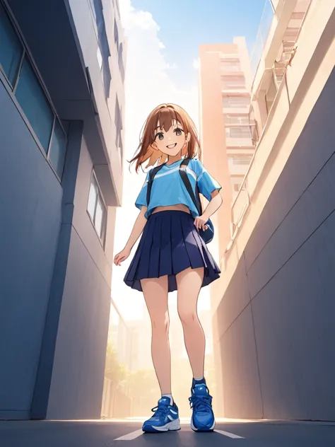 穿sports shoes的巨大女孩、tall than a building、、mini skirt、sports shoes、a smile