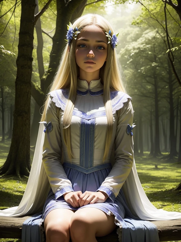 A 15 year old girl sitting in a tree, in the forest, long blonde hair, blue eyes, white fair skin, fairy outfit