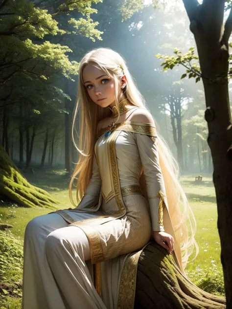 a 15 year old girl sitting in a tree, in the forest, long blonde hair, blue eyes, white fair skin, fairy outfit