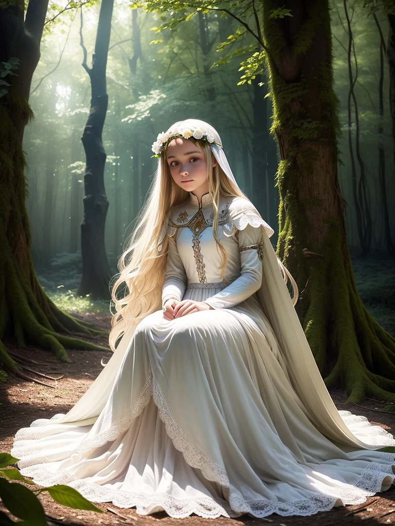 A 15 year old girl sitting in a tree, in the forest, long blonde hair, blue eyes, white fair skin, fairy outfit,Delicate long white fairy dress with white lace 