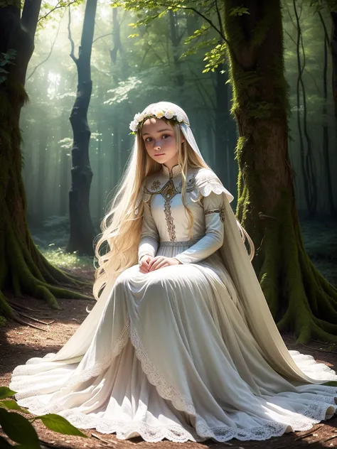 a 15 year old girl sitting in a tree, in the forest, long blonde hair, blue eyes, white fair skin, fairy outfit,delicate long wh...