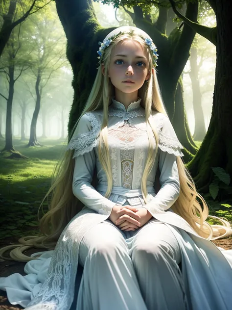 a 15 year old girl sitting in a tree, in the forest, long blonde hair, blue eyes, white fair skin, fairy outfit,delicate long wh...