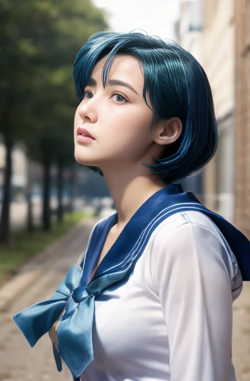 ((Highest quality)), ((masterpiece)), (detailed),　Sailor Mercury、Blue Hair、Hair blowing in the wind、Combat Suit、Dangerous atmosphere、anxiety、nervous、Frightened、