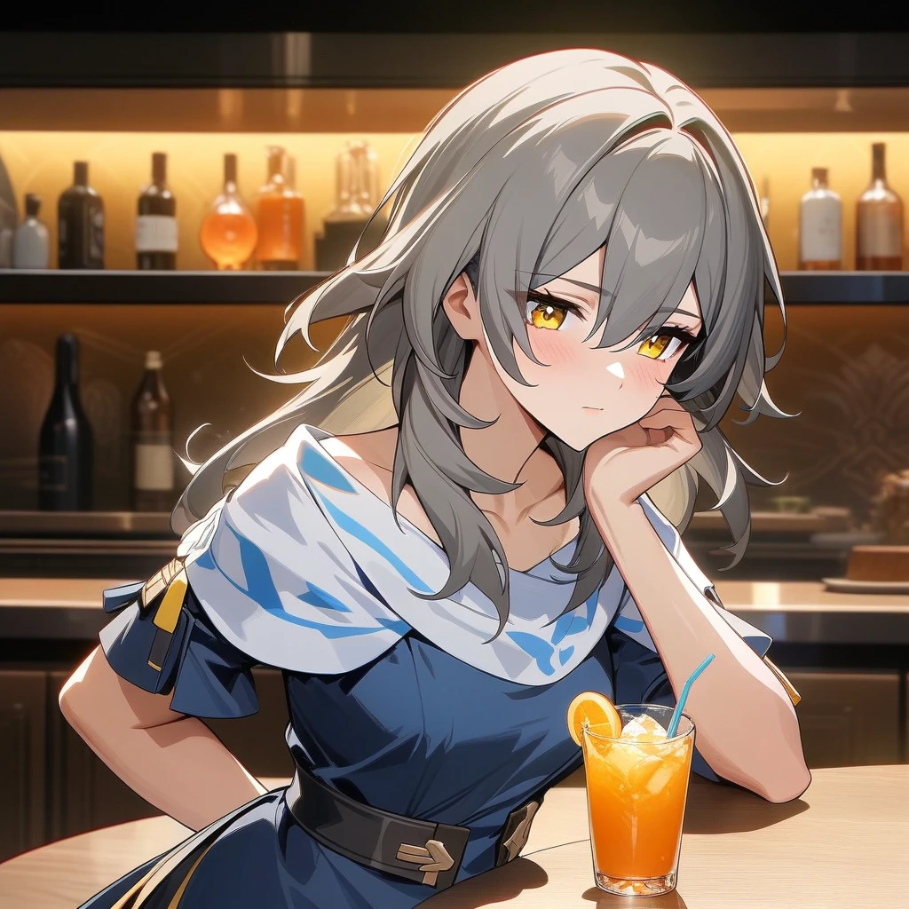 stelle from honkai star rail, stelle, stylish pose, examining drink, looking at drink, orange drink, anatomically correct 1girl, grey hair, golden eyes, beautiful face, rich blue blue dress, frills, bar background, decorative, masterpiece, high quality, hd, 4k, upper body, genshin artstyle, 