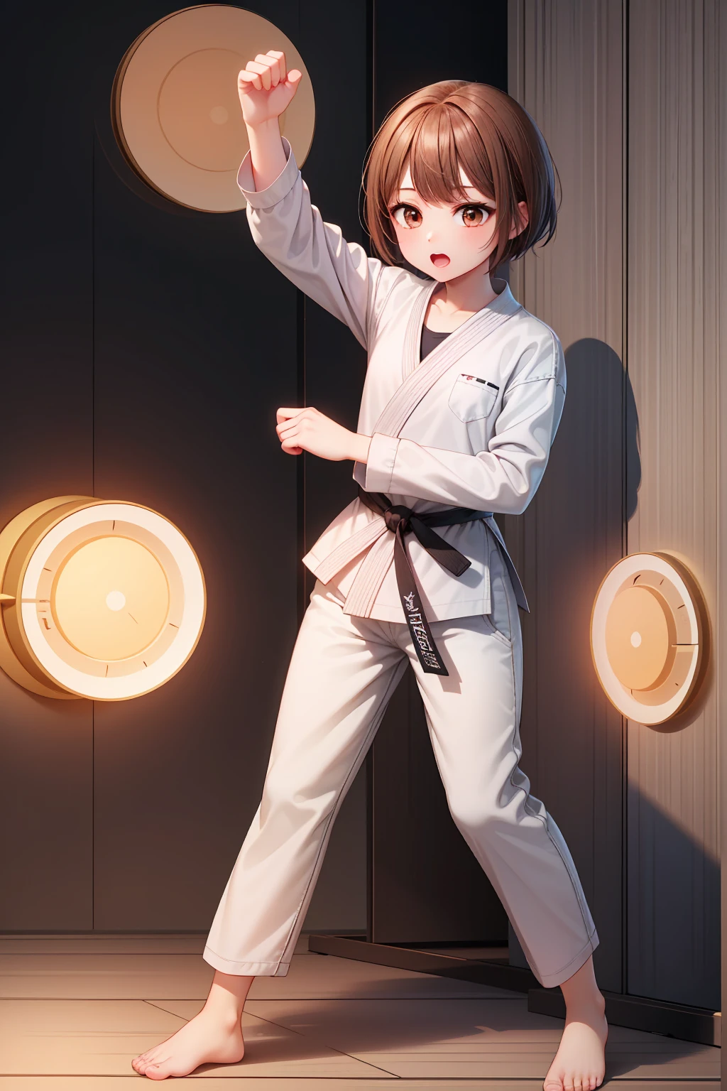 ((masterpiece, Highest quality, Very detailed, Very nice 8K CG wallpaper)), One girl, alone, Medium chest, short hair, Brown Hair, Brown eyes, Open your mouth, blush, Daugi, Long sleeve, Martial arts belt, White pants, barefoot, dojo, Straight fist punch, Nice hands, Perfect hands,