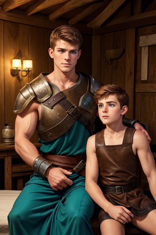 Photo-realistic. A pleased, 16-year-old, handsome, muscular Caucasian man with fade-cut, brown hair, and blue eyes, wearing shabby, sleeveless, leather armor, with metal shoulder guards, boasting, as he tells a dramatic story to a 15-year-old, lean, Caucasian peasant man, with short, brown hair, and blue eyes, in a blue and green tunic, listening in wonder, sitting next to each other on a simple bed, in a rustic inn room, at night.