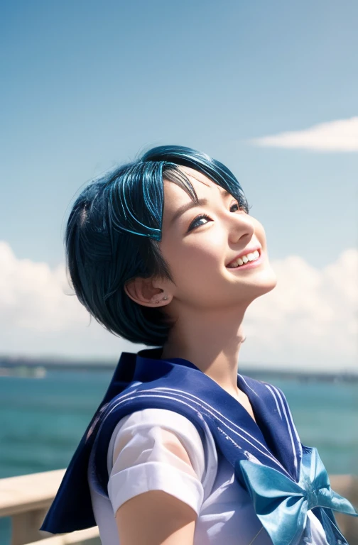 ((Highest quality)), ((masterpiece)), (detailed),　Sailor Mercury、Blue Hair、smile、Hair blowing in the wind、Sailor Warrior Uniforms、Costumes、Cosplay、