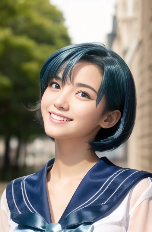 ((Highest quality)), ((masterpiece)), (detailed),　Sailor Mercury、Blue Hair、smile、Hair blowing in the wind、Sailor Warrior Uniforms、Costumes、Cosplay、