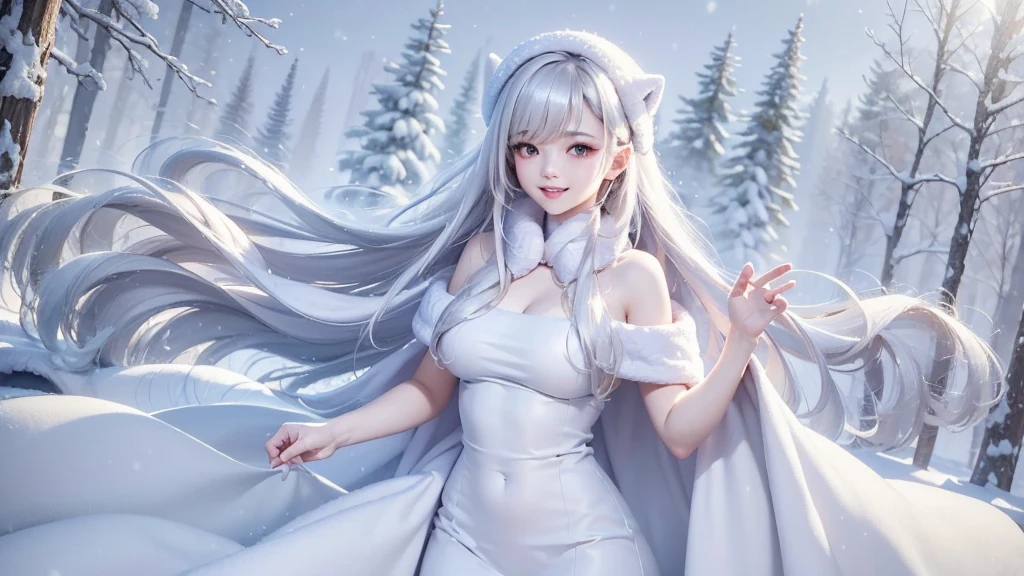 masterpiece、Highest quality、1 girl, winter, white hair, Cute girl, smile, close mouse, medium breasts, off shoulder, cleavage,  white dress, winter clothes, Fur coat、Small waist、Thin legs、outdoors, snow falling, in the forest and 湖