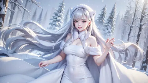 masterpiece、highest quality、1 girl, winter, white hair, cute girl, smile, close mouse, medium breasts, off shoulder, cleavage,  ...