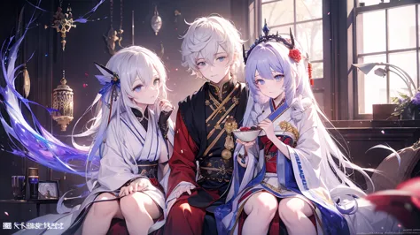 anime character with white hair and blue eyes sitting on a chair, cat ears、crown、the delicate prince, beautiful prince, ((wearin...