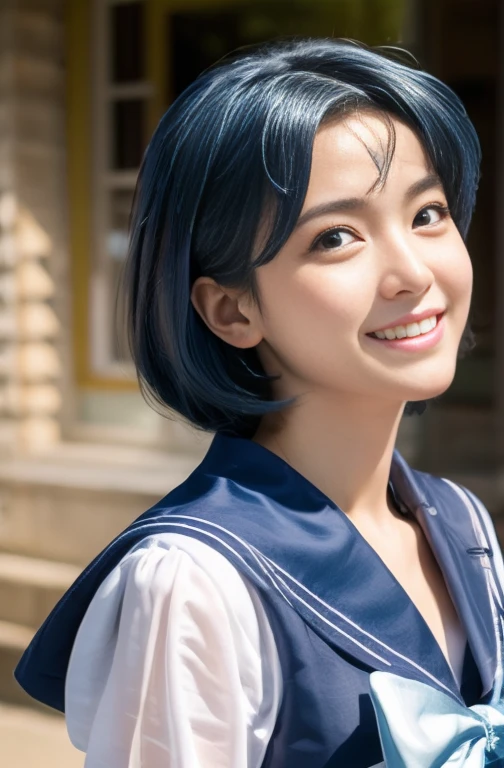 ((Highest quality)), ((masterpiece)), (detailed),　Sailor Mercury、Blue Hair、smile、Hair blowing in the wind、Sailor Warrior Uniforms、Costumes、Cosplay、