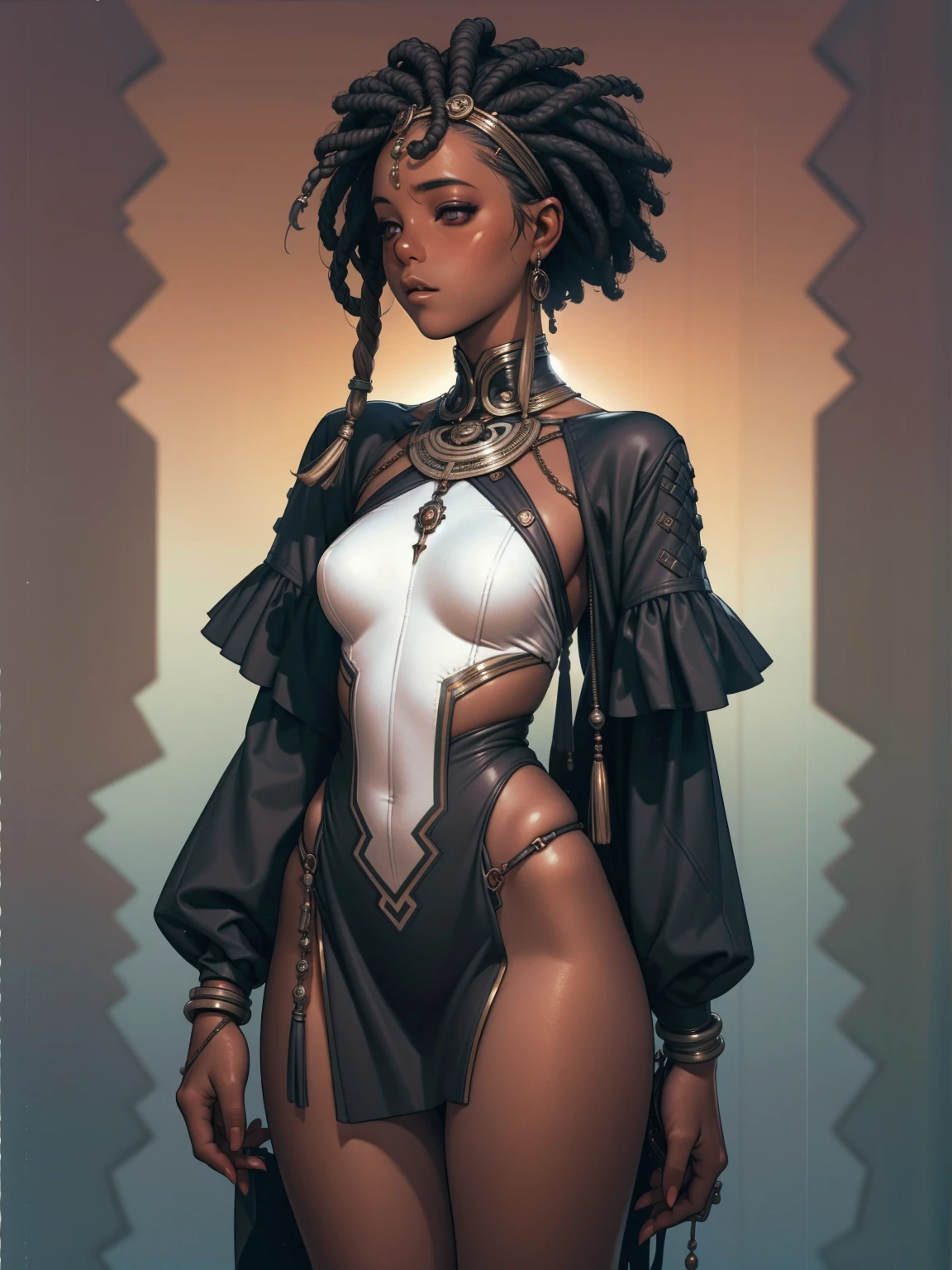 ((best qualityer)), ((work of art)), (detailded: 1.4), (absurdrez), (((black girl))), african girl, (((skin black, darkskin))), afro girl, Zulu warrior, African bracelets and necklaces, skin black, cybernetic hands, red futuristic short clothes, green and black, african savannah, defined muscular sculptural body, all-body, coxas nuas, cloused mouth, body covered in cyberpunk clothes, ((perfect medium breasts)),  (super light brown eyes), ((afro hair)), (((cabelo preto e branco com dreadlocks)))), long black eyelashes heavy makeup, various African jewels, naked legs, by mucha, private--V5, close to real, psychopath, pose sexy, fundo african savannah, 2 piece outfit, cake, centred, scale to adjust dimensions, HDR (high-range dynamics), ray tracing,nvidia RTX,Super-resolution,Irreal 5,subsurface scattering, PBR Texture, Post-processing, Anisotropic filtering, Depth of field, Maximum clarity and sharpness, Multilayer textures, Albedo and Specular Maps, Surface shading, Accurate simulation of light-material interaction, perfect proportions, octane rendering, two tone lighting, large aperture, Low ISO, White balance, rule of thirds, 8K CRU, African standards