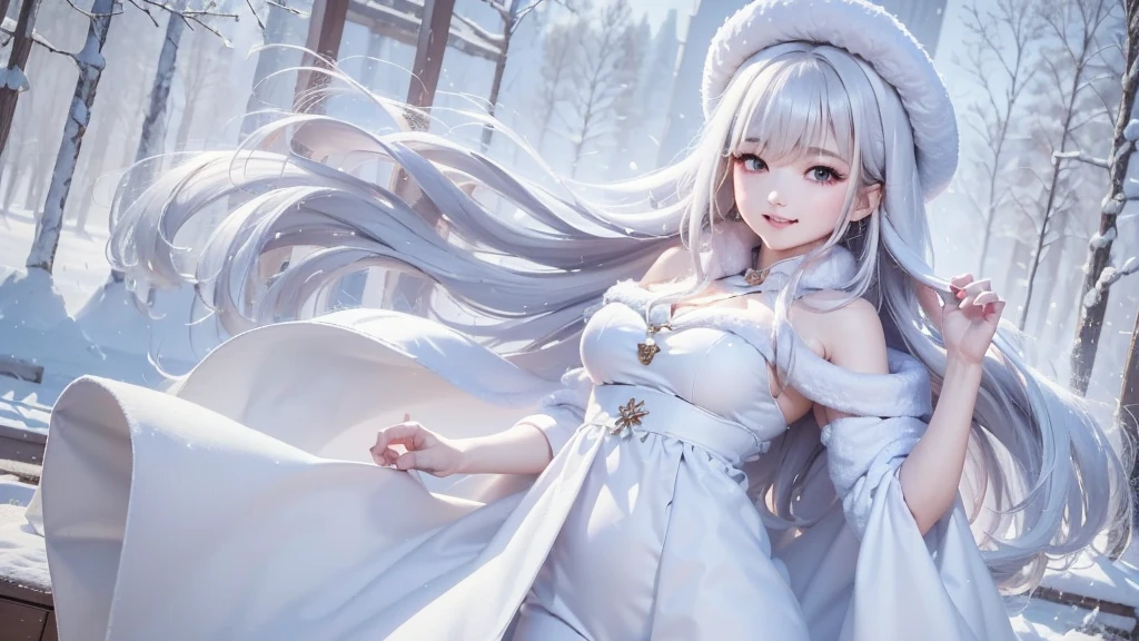 masterpiece、Highest quality、1 girl, winter, white hair, Cute girl, smile, close mouse, medium breasts, off shoulder, cleavage,  white dress, winter clothes, Fur coat、Small waist、Thin legs、outdoors, snow falling, in the forest and 湖