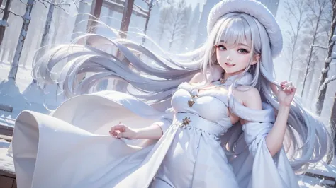 masterpiece、highest quality、1 girl, winter, white hair, cute girl, smile, close mouse, medium breasts, off shoulder, cleavage,  ...