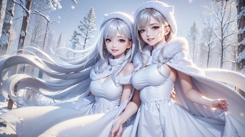 masterpiece、Highest quality、1 girl, winter, white hair, Cute girl, smile, close mouse, medium breasts, off shoulder, cleavage,  white dress, winter clothes, Fur coat、Small waist、Thin legs、outdoors, snow falling, in the forest and 湖