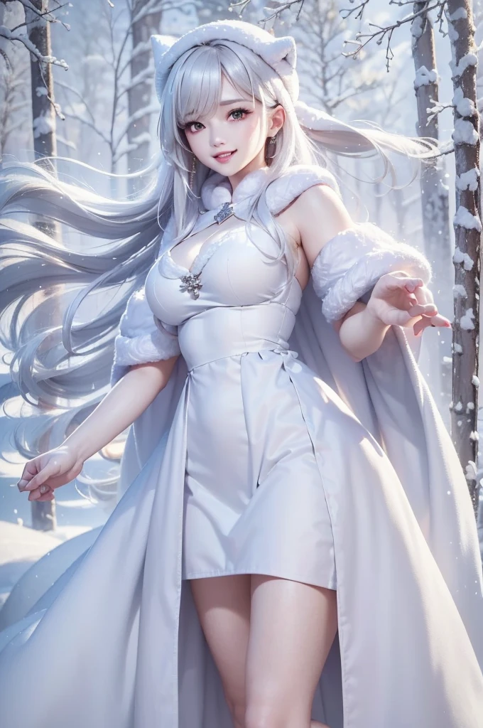 masterpiece、Highest quality、1 girl, winter, white hair, Cute girl, smile, close mouse, medium breasts, off shoulder, cleavage,  white dress, winter clothes, Fur coat、Small waist、Thin legs、outdoors, snow falling, in the forest and 湖