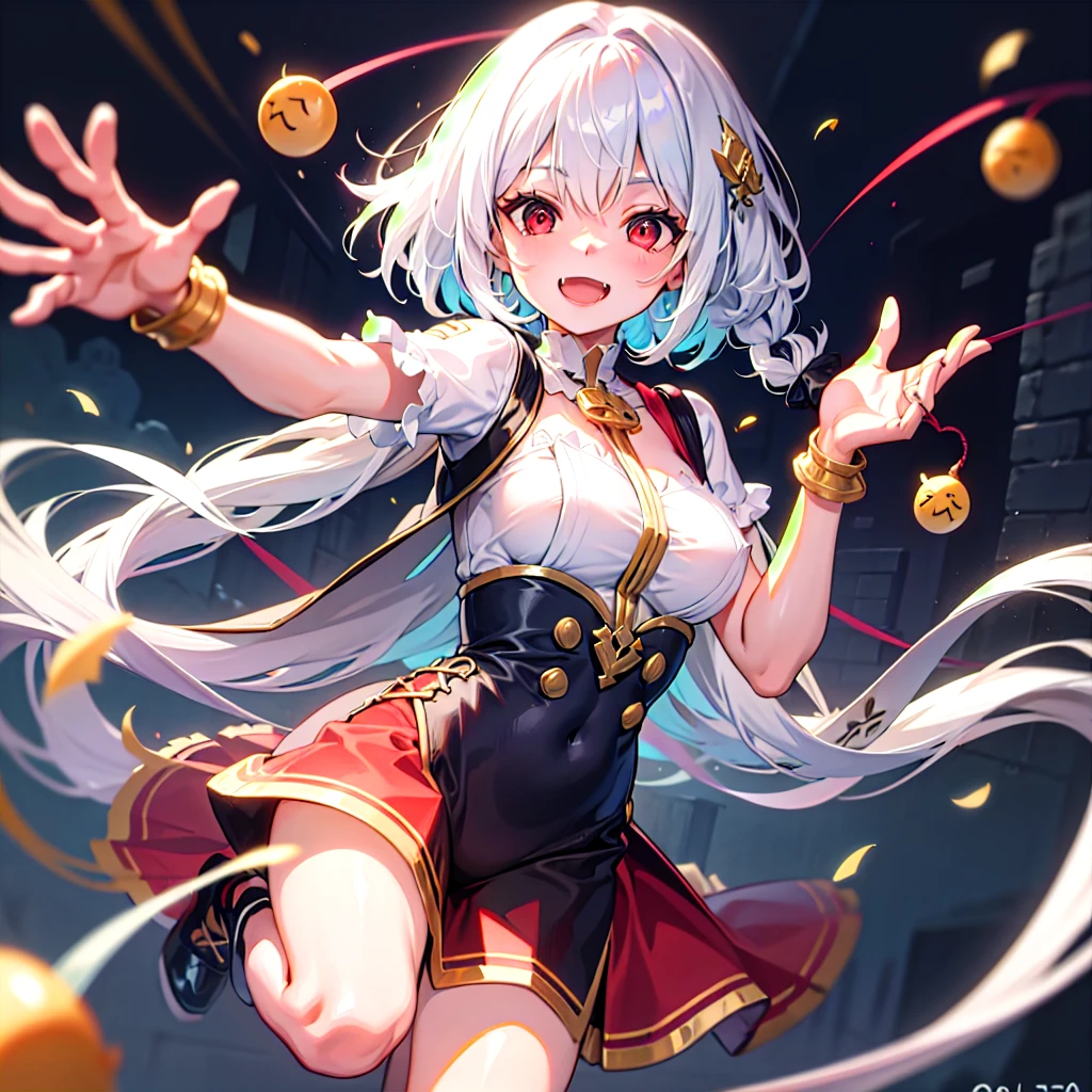 , best quality , 1girl, sirius al,short hair,red eyes,white hair ,smile , perky , open mouth , fang tooth  , multicolored hairs , braids , hair ornament