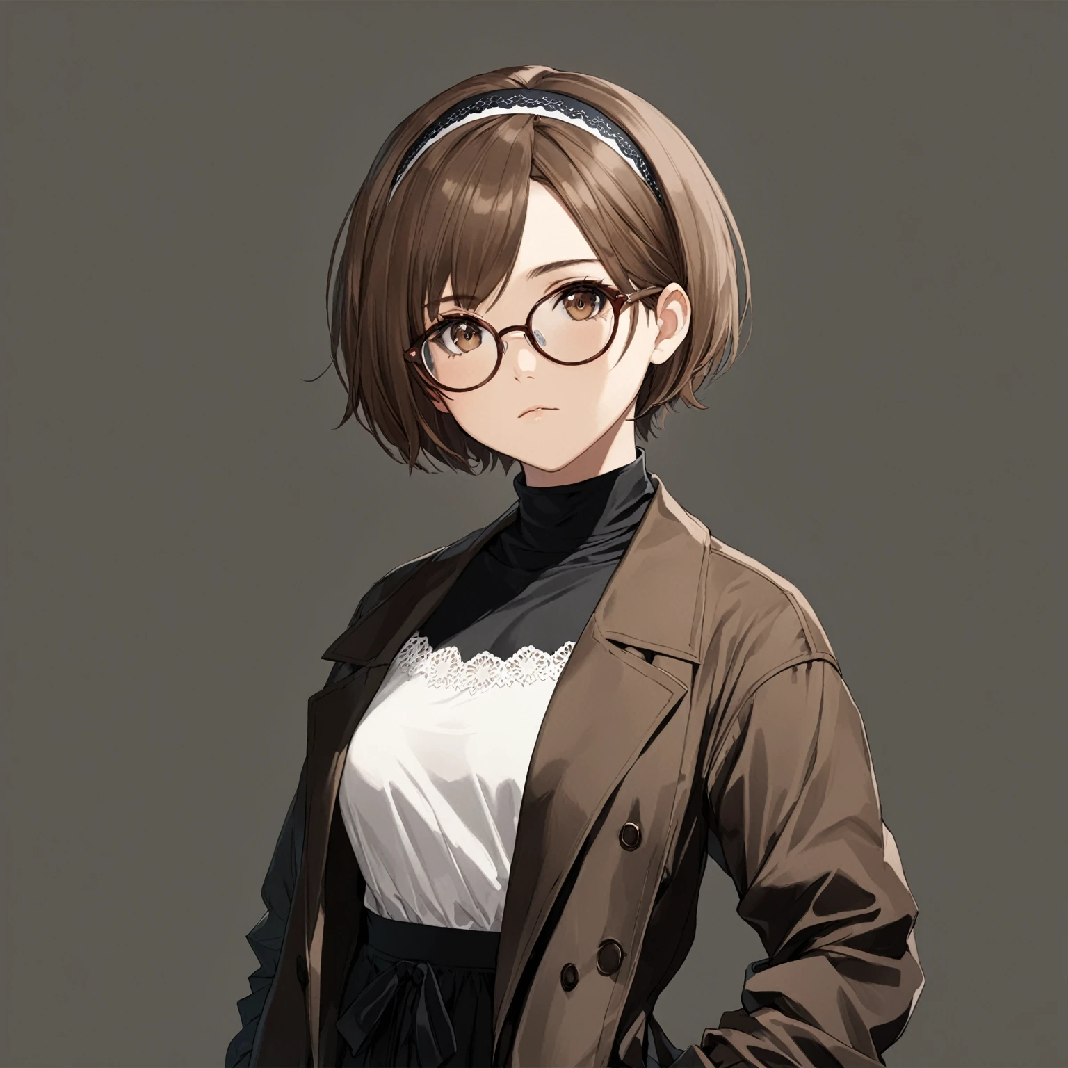 masterpiece, best quality, good quality, Highly detailed, shadowverse style, female, brown hair, brown eyes, short hair, tidy hair, modern aesthetic, glasses, teenager, headband, closed mouth