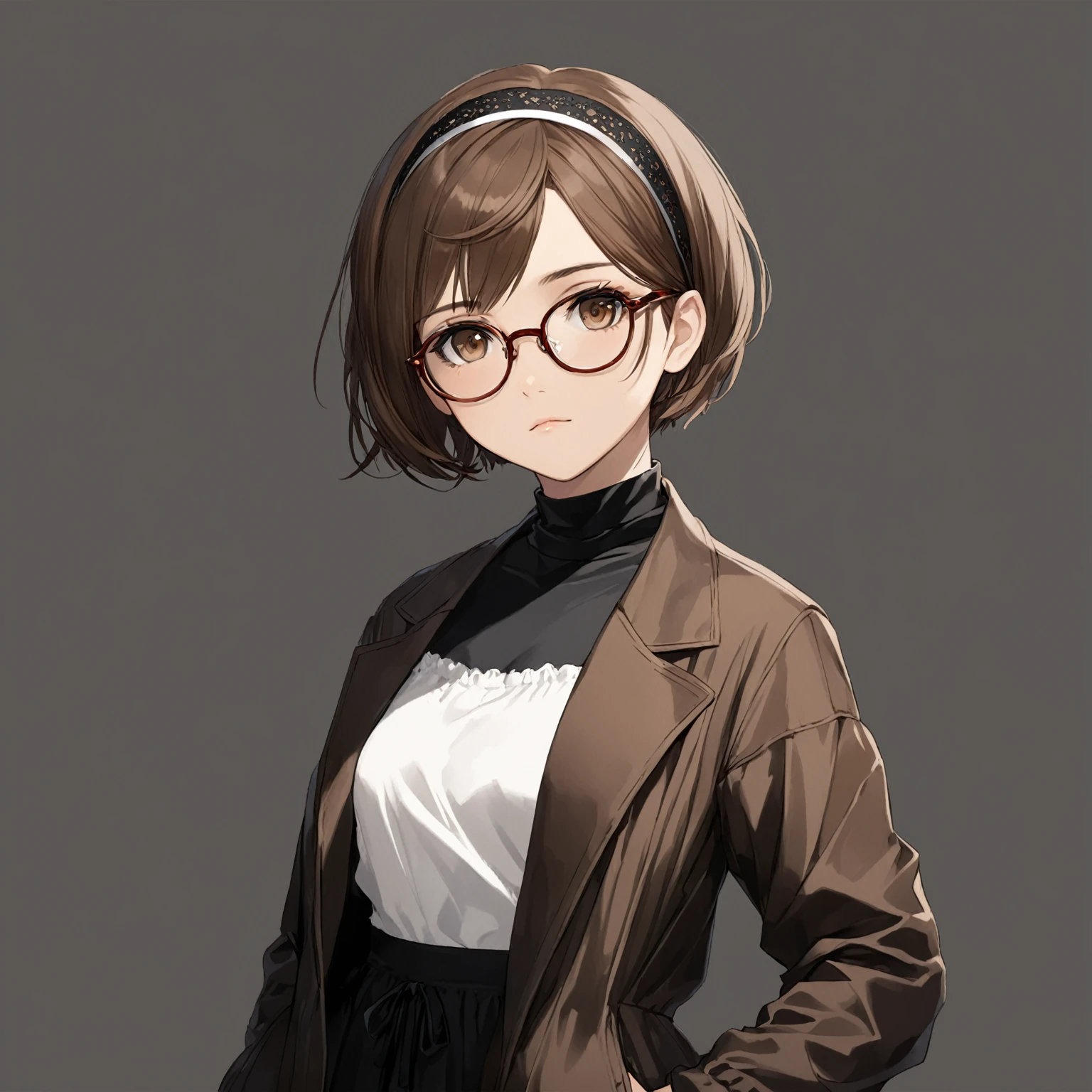 masterpiece, best quality, good quality, Highly detailed, shadowverse style, female, brown hair, brown eyes, short hair, tidy hair, modern aesthetic, glasses, teenager, headband, closed mouth