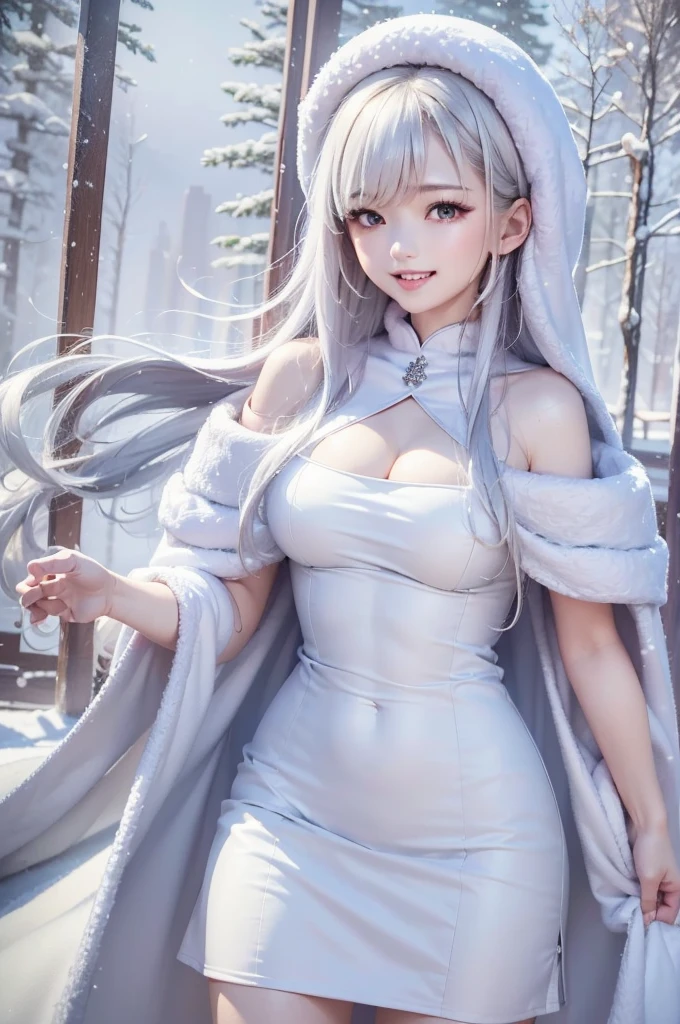 masterpiece、Highest quality、1 girl, winter, white hair, Cute girl, smile, close mouse, medium breasts, off shoulder, cleavage,  white dress, winter clothes, Fur coat、Small waist、Thin legs、outdoors, snow falling, in the forest and 湖