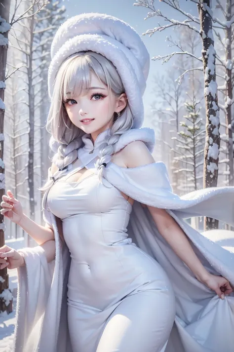 masterpiece、highest quality、1 girl, winter, white hair, cute girl, smile, close mouse, medium breasts, off shoulder, cleavage,  ...