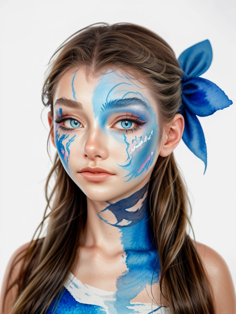 AlexandraLenarchyk, close up on face, focus on eyes, (watercolor blue face paint:1.2)