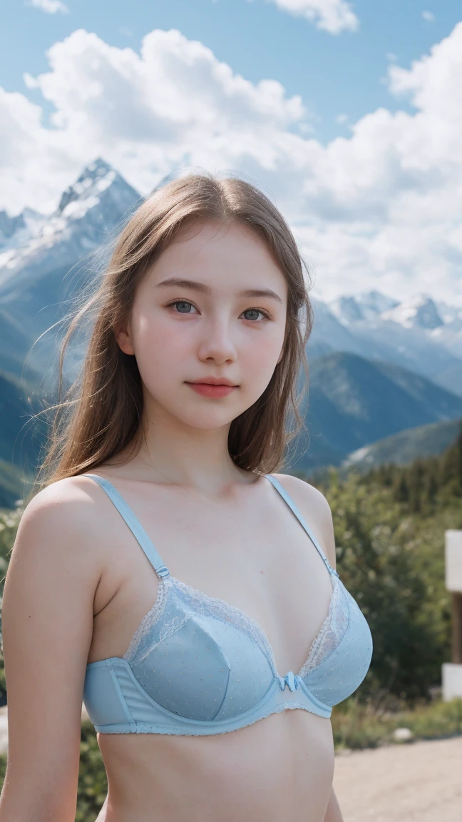 1 Girl, Beautiful, Russian Baby Face, 16 Years Old, White Skin, bra and panties, Mountain Peak Background, ((wind:1.3)), Front Facing, Perfect Portrait, ((bokeh:1.3)), Perfect Body Anatomy, ((adorable:1.1)), ((masterpiece:1.1)), ((sky blue:1.1))