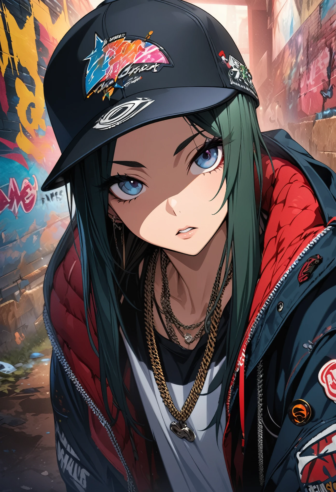 masterpiece, Highest quality, Highly detailed CG Unity 8k wallpaper, This illustration is based on a rapper and is very cool. It&#39;s big, Sharp eyes and a knitted hat covering the face. Wear a hood over a knit hat. Wearing pants. He is wearing black high-top boots.. I was holding a big, Painted wall. The background is a realistic dark slum. Spotlight Light. Bokeh Photo, (soft) concentrated):1.2, out of concentrated highlights, Dreamy atmosphere, Glowing circle, Fascinating Depth, Depth of written boundary