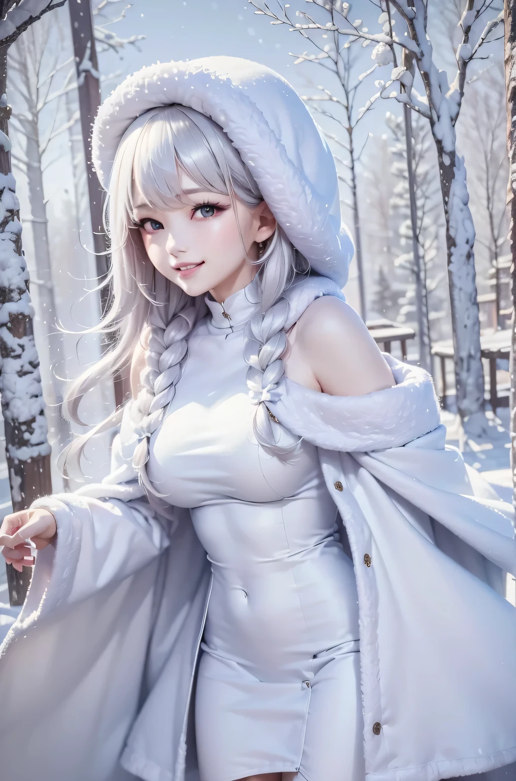 masterpiece、Highest quality、1 girl, winter, white hair, Cute girl, smile, close mouse, medium breasts, off shoulder, cleavage,  white dress, winter clothes, Fur coat、Small waist、Thin legs、outdoors, snow falling, in the forest and 湖