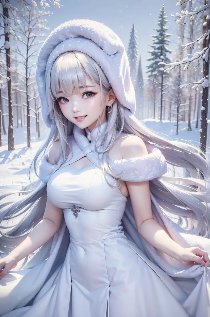 masterpiece、Highest quality、1 girl, winter, white hair, Cute girl, smile, close mouse, medium breasts, off shoulder, cleavage,  white dress, winter clothes, Fur coat、Small waist、Thin legs、outdoors, snow falling, in the forest and 湖