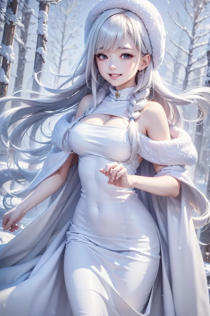 masterpiece、Highest quality、1 girl, winter, white hair, Cute girl, smile, close mouse, medium breasts, off shoulder, cleavage,  white dress, winter clothes, Fur coat、Small waist、Thin legs、outdoors, snow falling, in the forest and 湖