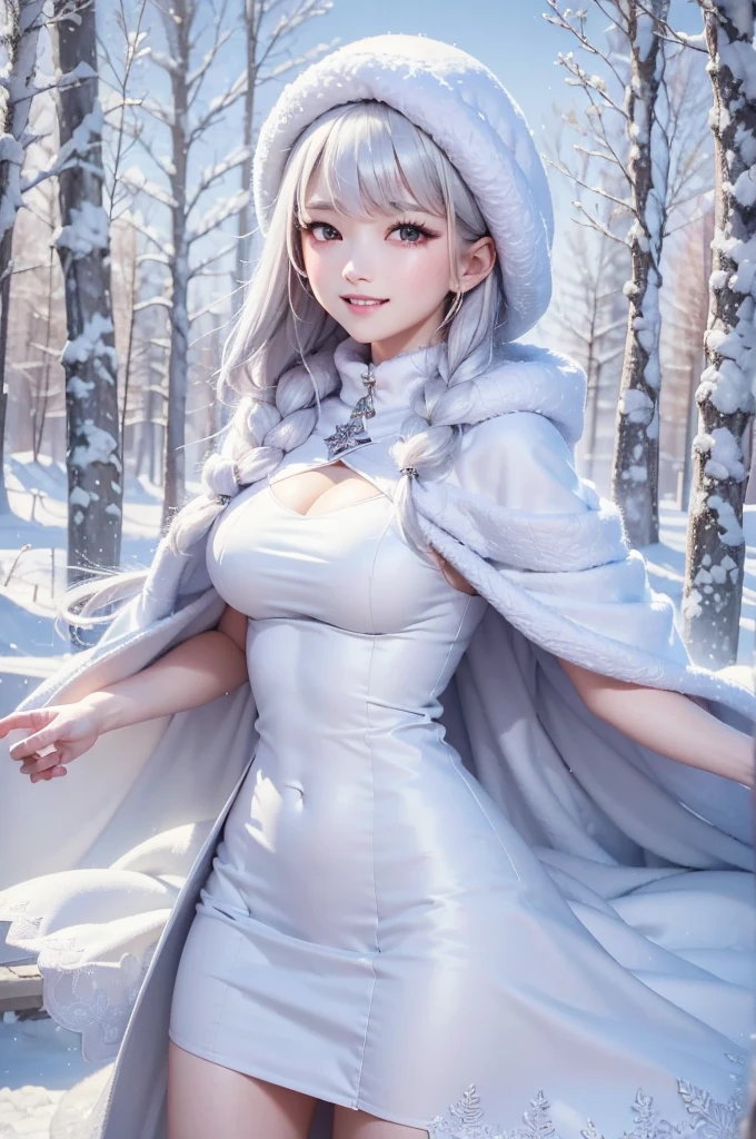 masterpiece、Highest quality、1 girl, winter, white hair, Cute girl, smile, close mouse, medium breasts, off shoulder, cleavage,  white dress, winter clothes, Fur coat、Small waist、Thin legs、outdoors, snow falling, in the forest and 湖