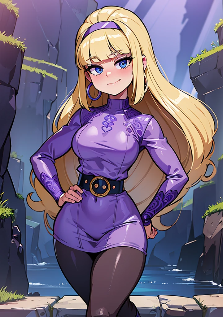 [Pacifica], [Gravity Falls], ((masterpiece)), ((HD)), ((high res)), ((solo portrait)), ((waist-up)), ((front view)), ((detailed shading)), ((soft textures)), ((intricate details)), ((anime girl)), ((cinematic)), {attractive; (long blonde hair), (bell-shaped bangs), (cute dark-blue eyes), (blushing), (very curvy hips), (beautiful thick legs), (cute grin)}, {(lavender-purple pencil dress), (big breast sticking out), (purple jacket), (ripped black leggings), (purple waist belt), (brown boots with fur), (lavender-purple hairband), (lavender-purple hoop earrings)}, {(standing), (hands on jacket), (leaning toward the viewer), (flashing the viewer)}, [background; (grass plains), (sun rays), (blue sky), (clouds in sky), (ambient lighting)]