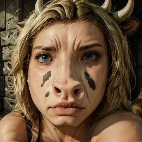 a beautiful woman with long blonde hair, a cow-like face, horns, and a cow-like body, extremely detailed, cinematic lighting, 8k...