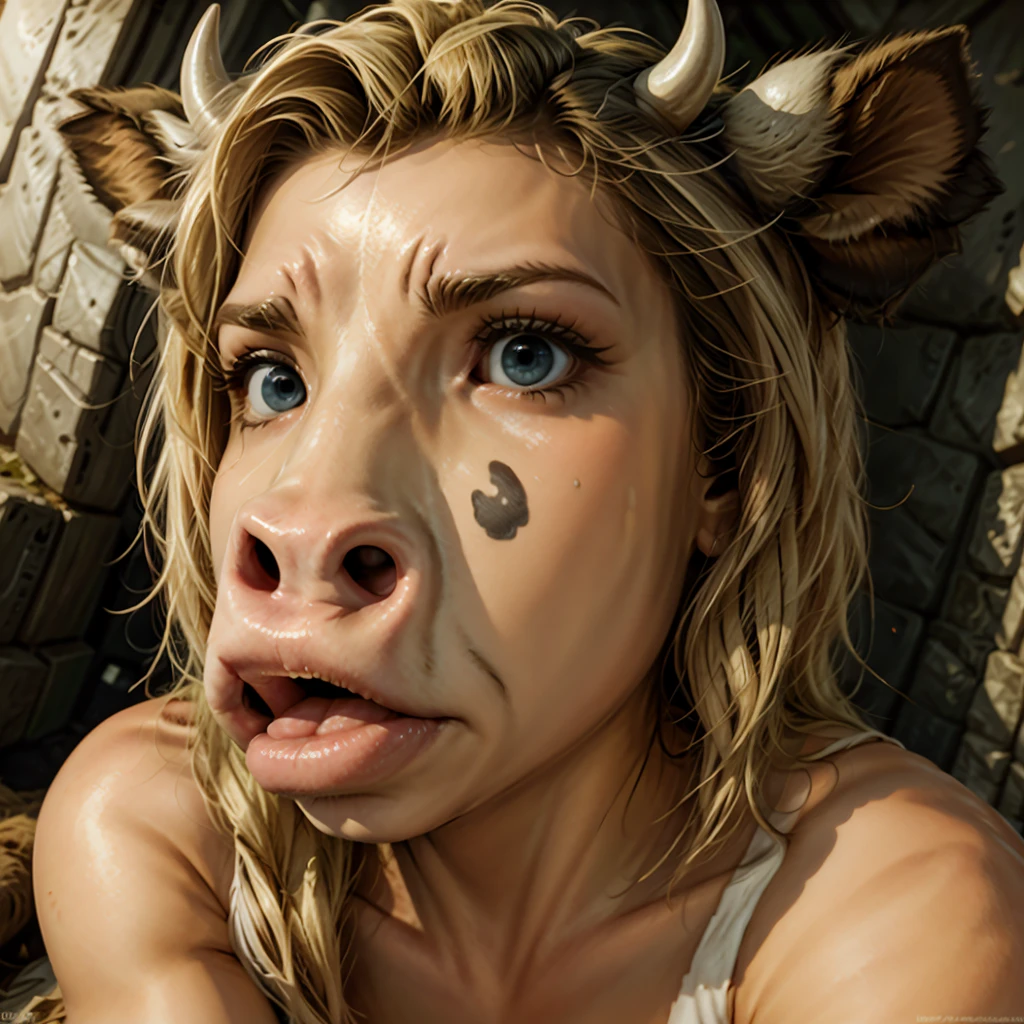 a beautiful woman with long blonde hair, a cow-like face, horns, and a cow-like body, extremely detailed, cinematic lighting, 8k, hyperrealistic, intricate details, photorealistic, beautiful detailed eyes, beautiful detailed lips, extremely detailed eyes and face, long eyelashes, seamless, masterpiece, digital art, fantasy, surreal, dramatic lighting, cinematic, 4k, ultra-detailed, organic, high quality, hyper realistic, vibrant colors, moody, atmospheric, captivating, stunning, complex, sophisticated