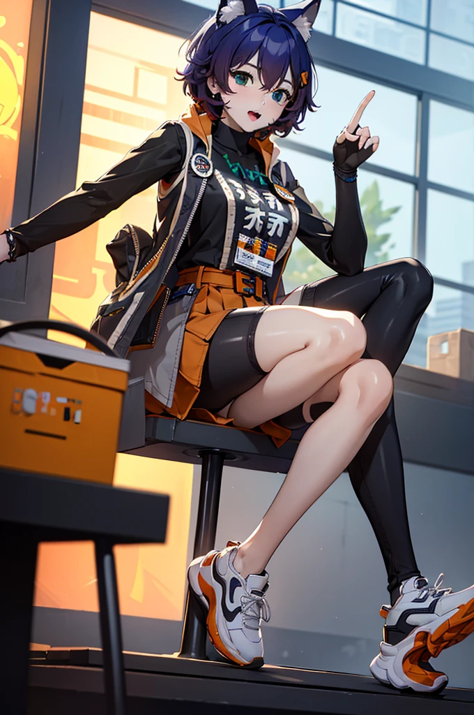 (masterpiece), best quality, expressive eyes, perfect face, sneakers, one sock, one black stocking, gray skirt, one fingerless glove, audio player on belt, unbuttoned jacket, green pendant, black T-shirt, orange hairpin, short blue hair, BelleZZZ, 1girl, solo, big breasts, saliva, wolf ears