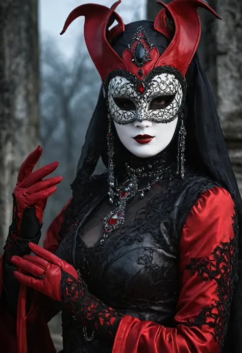 "vampire lilith wearing a white, red, and black venetian mask, exuding an aura of mystery and dominance. she is dressed in an al...