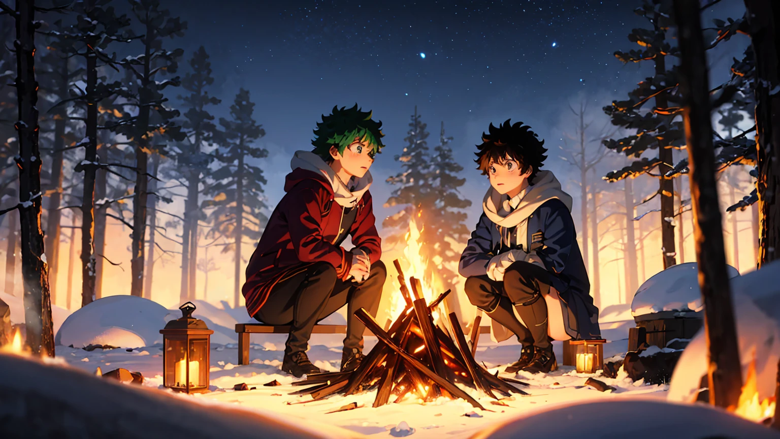 Izuku Midoriya at bonfire, cold, snow, 1boy, beautiful detailed eyes, beautiful detailed lips, extremely detailed face, long eyelashes, sitting by a cozy bonfire, winter landscape, snow-covered forest, starry night sky, warm firelight, cold atmosphere, cinematic lighting, highly detailed, 8k, photorealistic, intricate details, dramatic composition, muted color palette, dramatic lighting