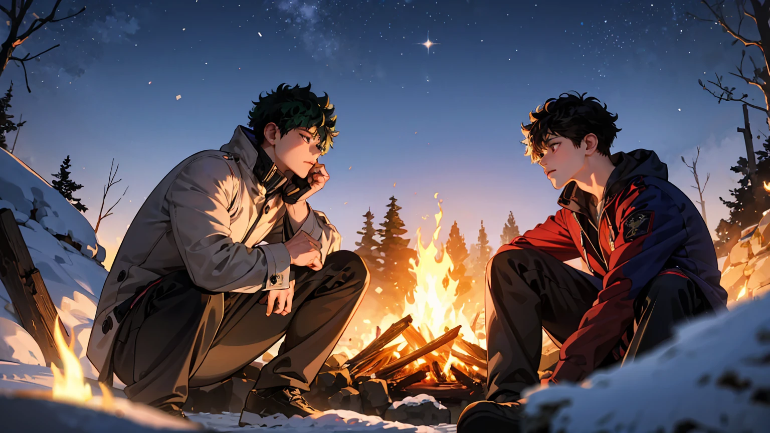 Izuku Midoriya at bonfire, cold, snow, 1boy, beautiful detailed eyes, beautiful detailed lips, extremely detailed face, long eyelashes, sitting by a cozy bonfire, winter landscape, snow-covered forest, starry night sky, warm firelight, cold atmosphere, cinematic lighting, highly detailed, 8k, photorealistic, intricate details, dramatic composition, muted color palette, dramatic lighting