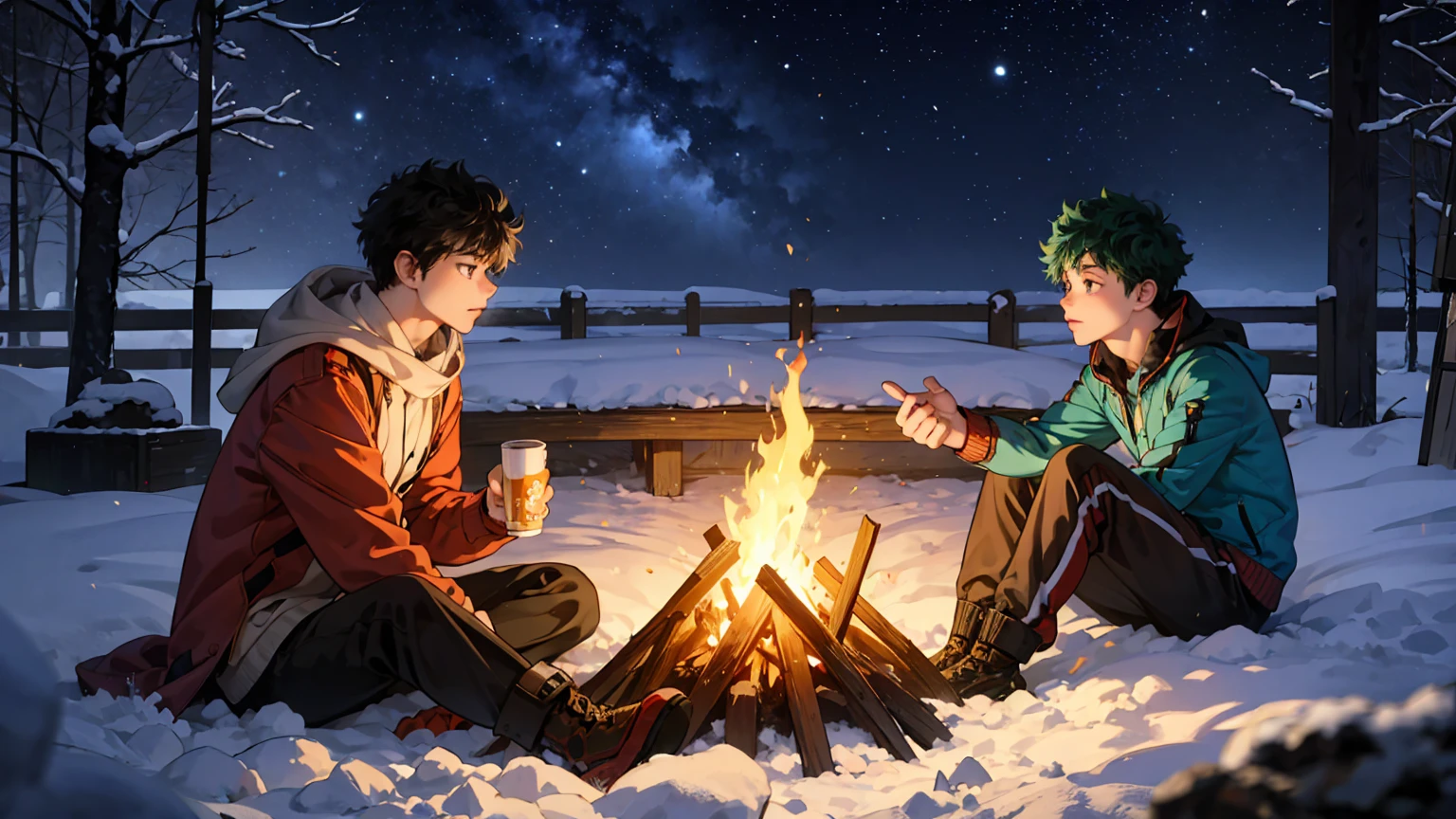 Izuku Midoriya at bonfire, cold, snow, 1boy, beautiful detailed eyes, beautiful detailed lips, extremely detailed face, long eyelashes, sitting by a cozy bonfire, winter landscape, snow-covered forest, starry night sky, warm firelight, cold atmosphere, cinematic lighting, highly detailed, 8k, photorealistic, intricate details, dramatic composition, muted color palette, dramatic lighting