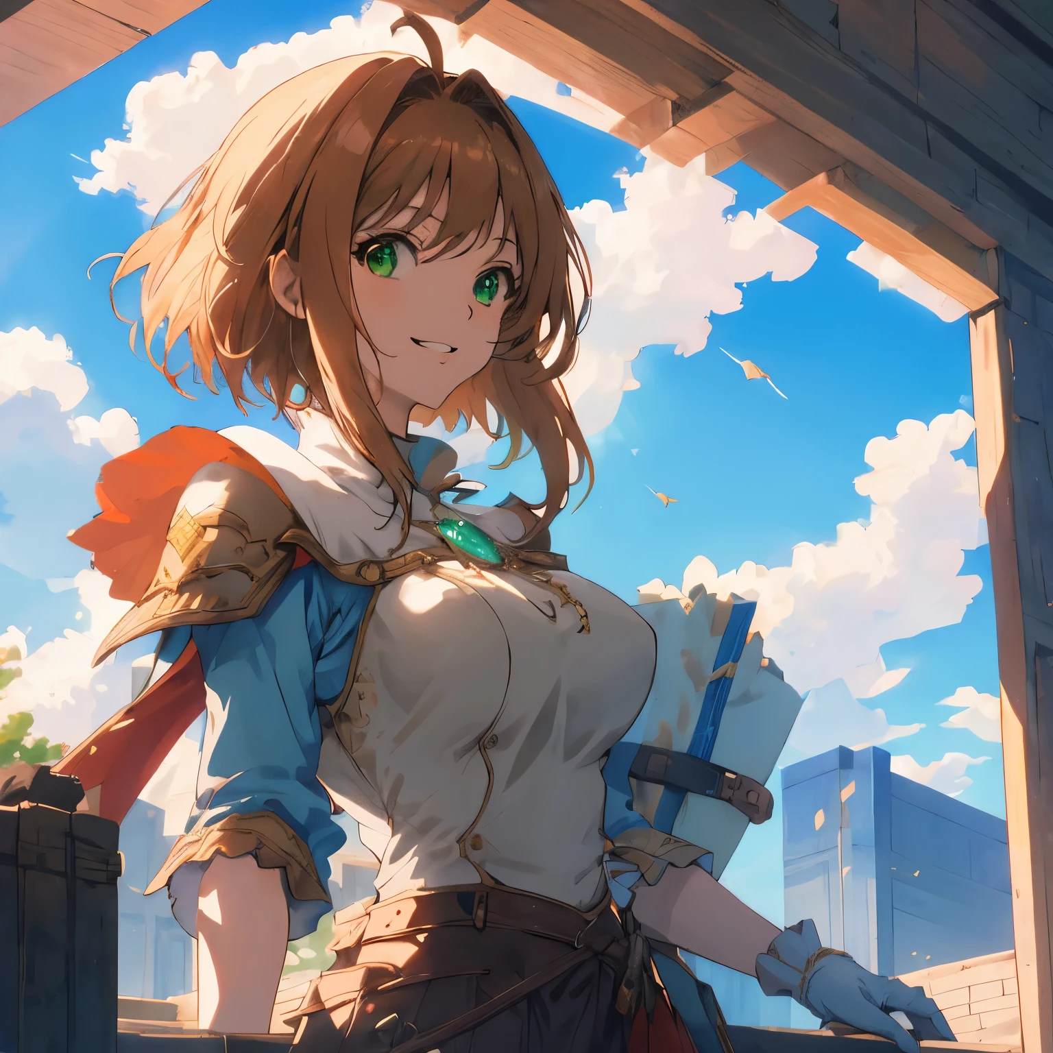 master piece, Best Quality, A high resolution, top-quality, Anime style, The best lighting, Beautiful face, kinomoto sakura, 1woman, tall, 30 years old, large breasts, light brown hair, very Short hair, shoulder length hair, Antenna Hair, Green eyes, frills, dynamic angle, confident smile, vibrant colors, standing in a medieval fantasy city, looking at viewer, portrait, blue skies, green trees. casual clothing