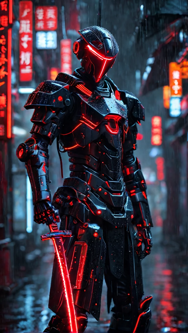 A mecha warrior,dressed in a mecha,Mainly black and red,holding a long knife in his hand,with red neon lights,Close-up of the whole body,dark night,rain,Rich in details,ultra high resolution,32k UHD,Best Quality,masterpiece,