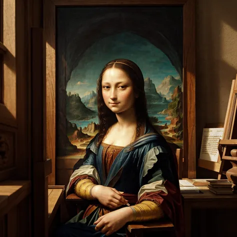 draw a scene in a renaissance studio softly lit by natural light. in the center of the scene, mona lisa stands in front of a lar...