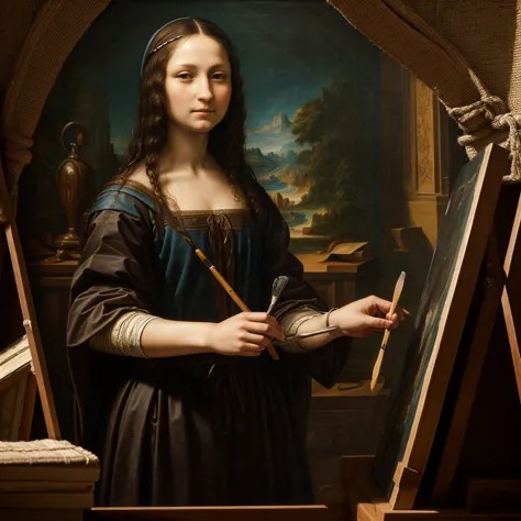 draw a scene in a renaissance studio softly lit by natural light. in the center of the scene, mona lisa stands in front of a lar...