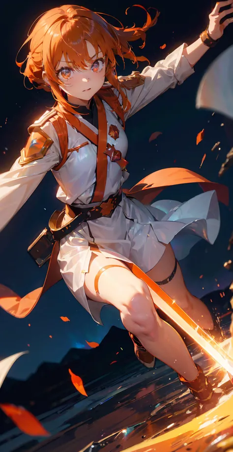 asunayuuki, orange hair， with two shining swords, white combat uniform, sword art onlineの翻案, a red stroke simulating the charact...