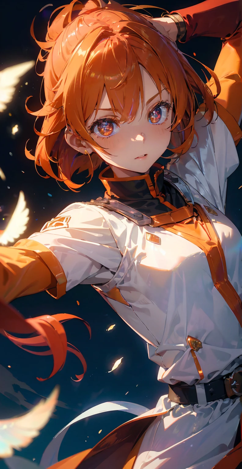 asunayuuki, Orange Hair， With two shining swords, White combat uniform, Sword Art Onlineの翻案, A red stroke simulating the character&#39;s speed, BATTLE MODE, (Surreal), {Highly detailed CG unit wallpaper 8k}, Vast landscape photography, (A central vision that prioritizes the whole character, (Viewer-facing view), (Low angle shot), (stand out: 1.5), (Low light: 1.0), (Warm light source: 1.0), Intricate details, (Iridescent colors: 1.5), (Bright lighting), (Atmospheric lighting), Sword Art Online, dream-like, anime